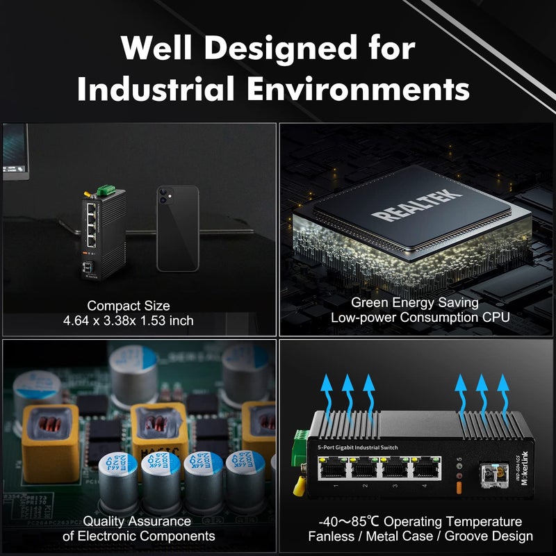 MokerLink 5 Port Industrial DIN-Rail Network Switch, 4 Gigabit Ethernet, 1 SFP, 14Gbps Switching Capacity, IP40 Rated (-40 to 185F), With UL Power Supply - Image 5